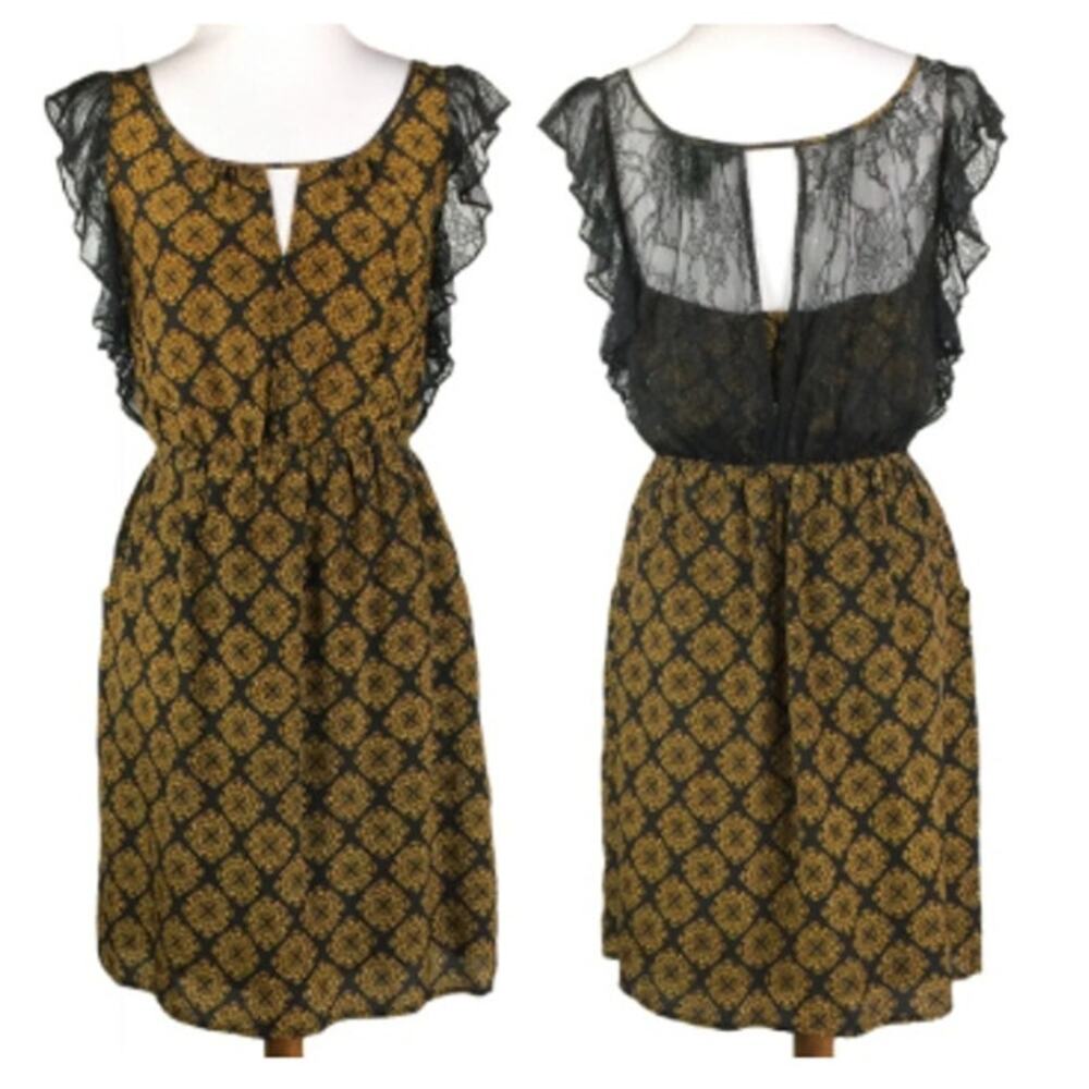 Maple 100% Silk Geometric Print Dress Black Golden Yellow Sheer Lace Back Medium